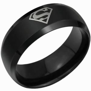 Black Stainless Steel SUPERMAN Insignia Emblem Frosted Stamped 8mm Band Ring